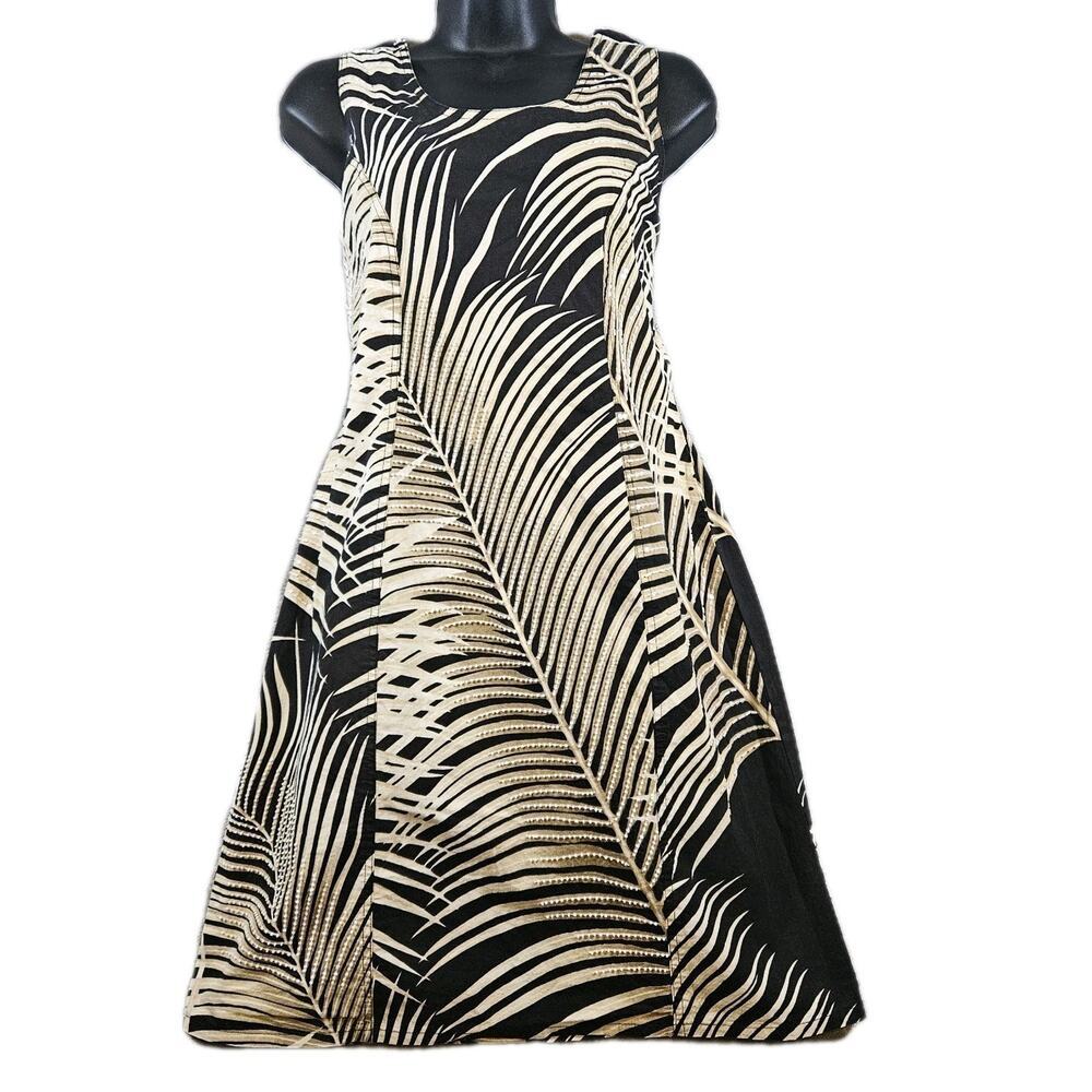 Haven Bleu Palm Print Fit & Flare Dress L Resort Botanical Chic Tropical Glam